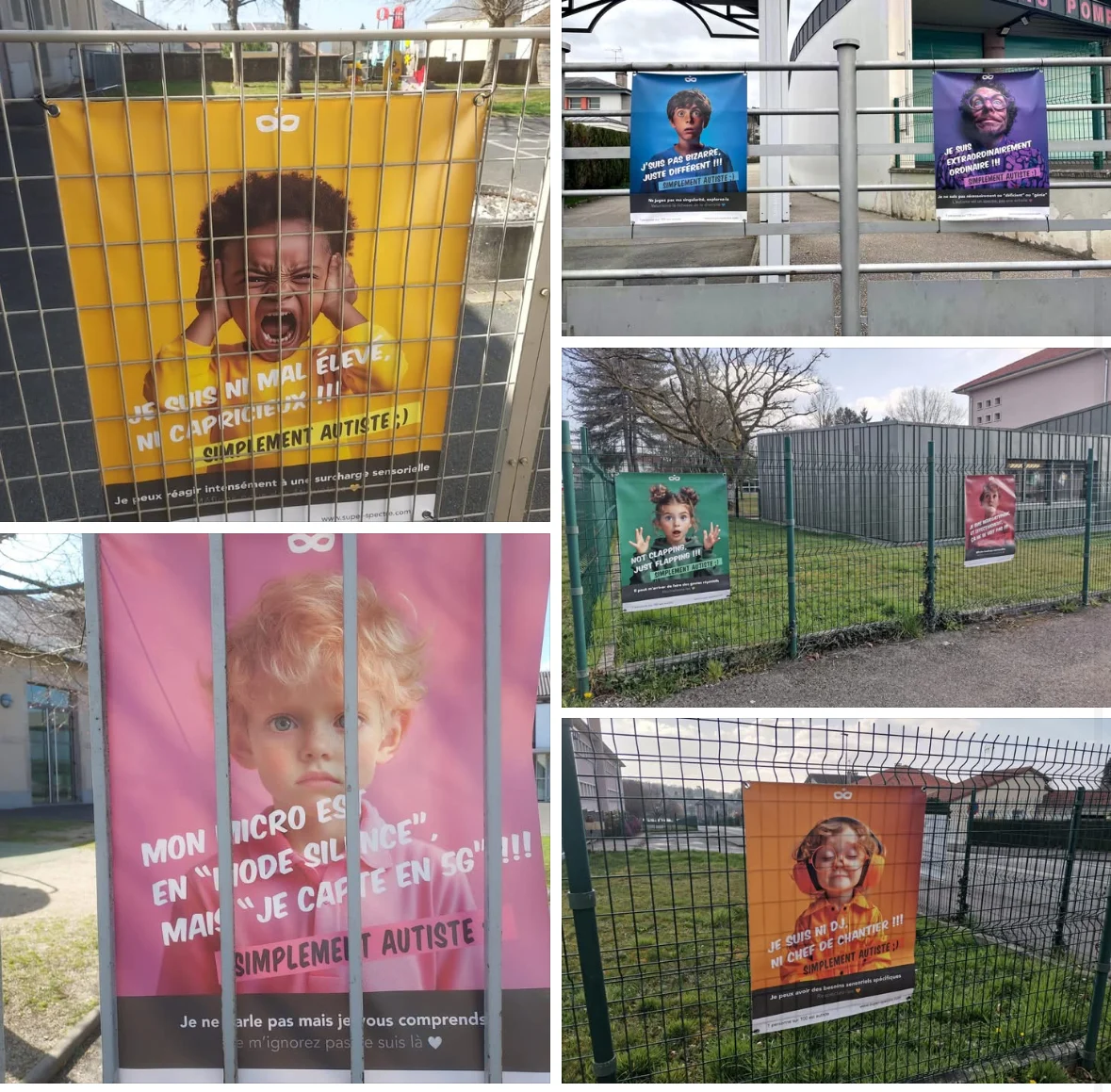 Affiches Super Spectre installées sur des grilles à l’extérieur