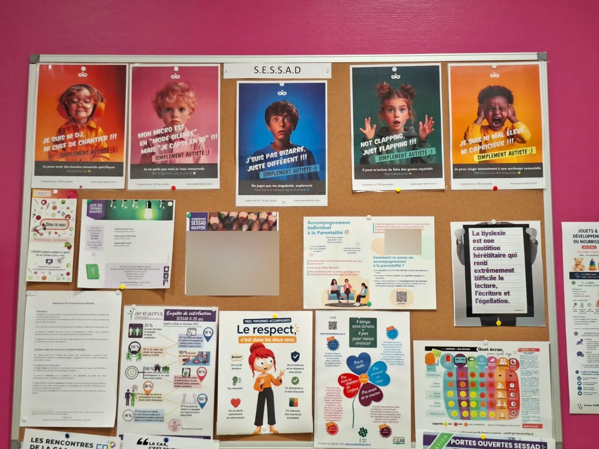 Affiches Super Spectre sur un panneau d’information SESSAD, portraits photographiques floutés