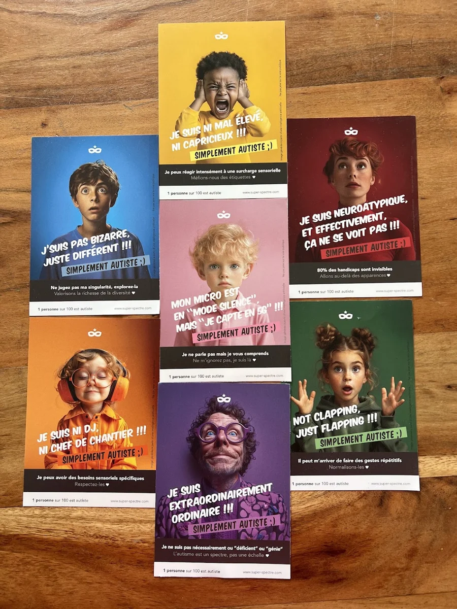 Affiches Super Spectre disposées sur une table en bois